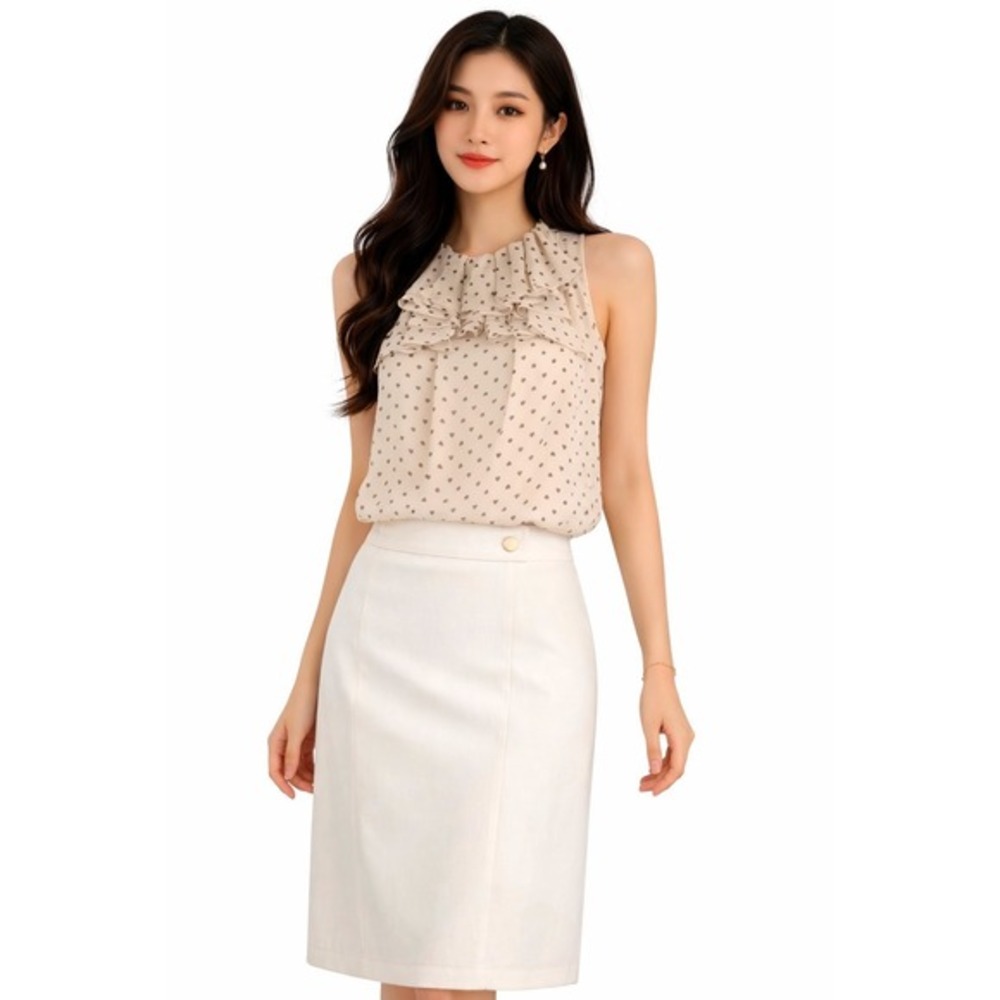 Eva Mendes New York & Company Heart Print‎ Ruffle Neck Sleeveless Blouse Cream S